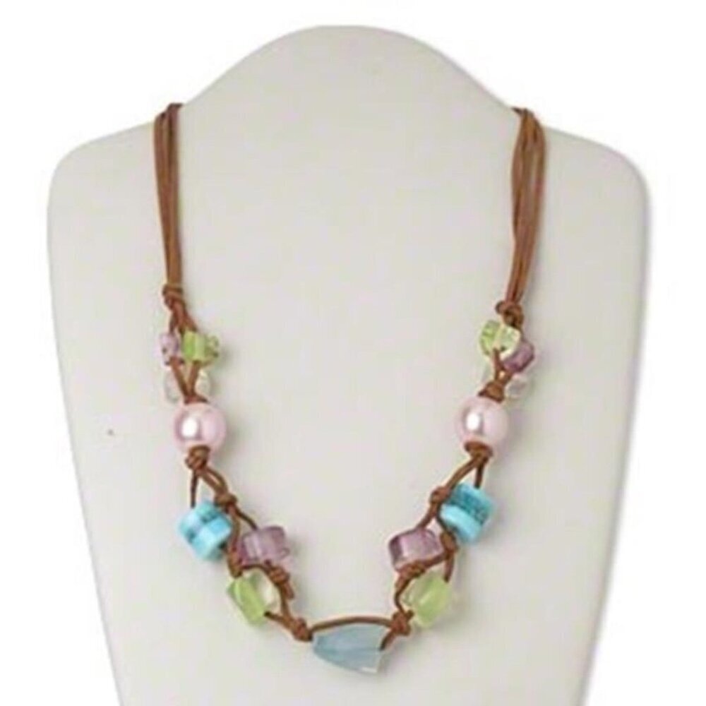 Pink Blue Green Acrylic Bauble Beads Brown Faux Leather Multi Strand Necklace